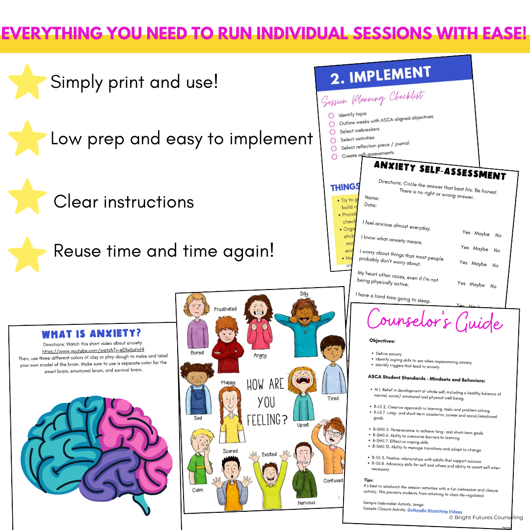 Anxiety Coping Skills Activities- Middle School Individual Counseling Curriculum