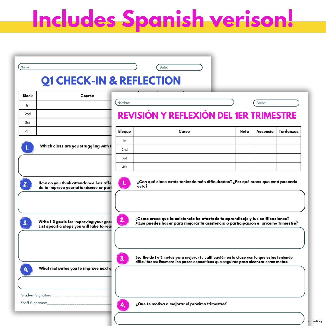 Quarter One Check-In and Reflection Sheet for High School Counseling